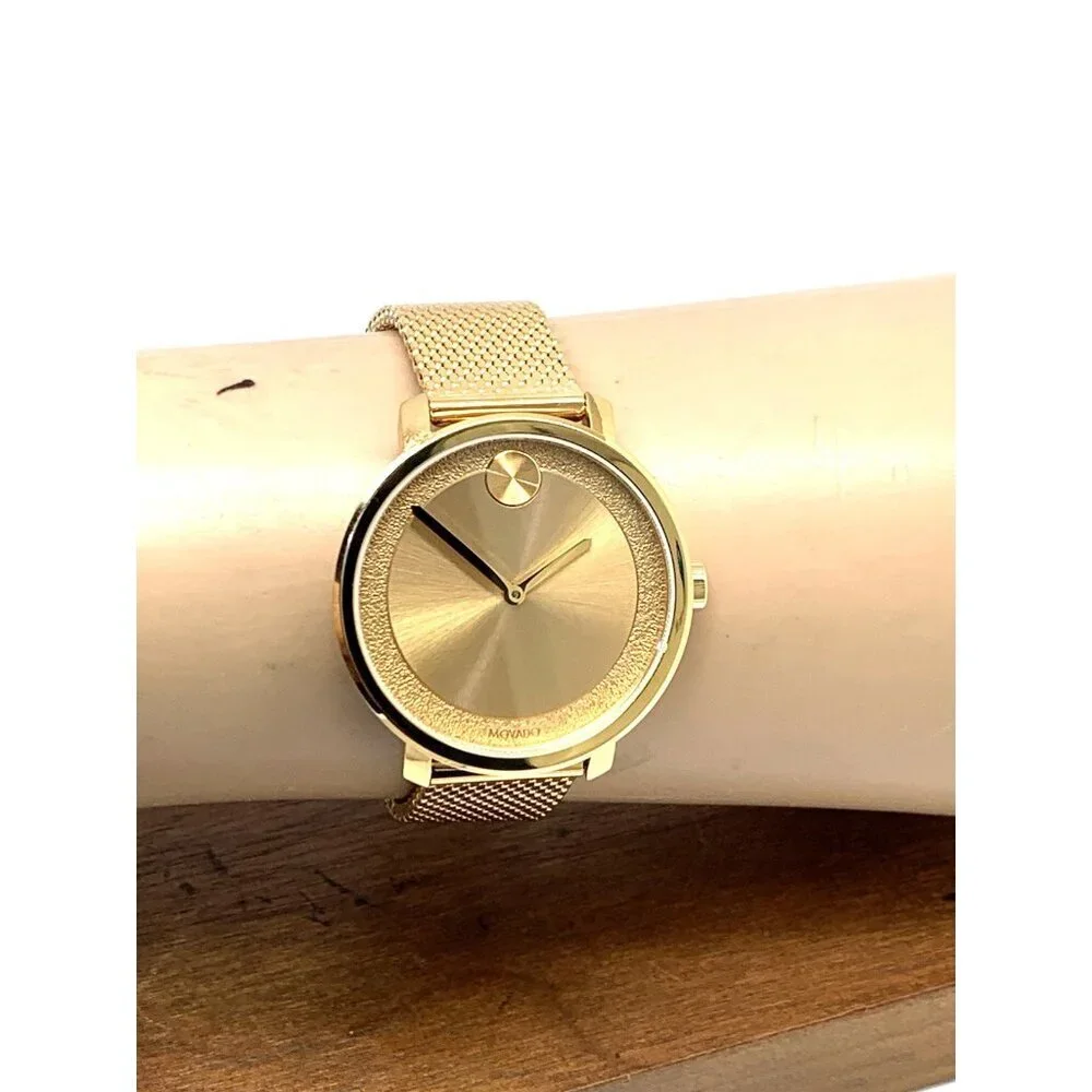 Movado Women's Watch 3600580 Bold Gold Dial Swiss Quartz Steel Mesh Band 34mm